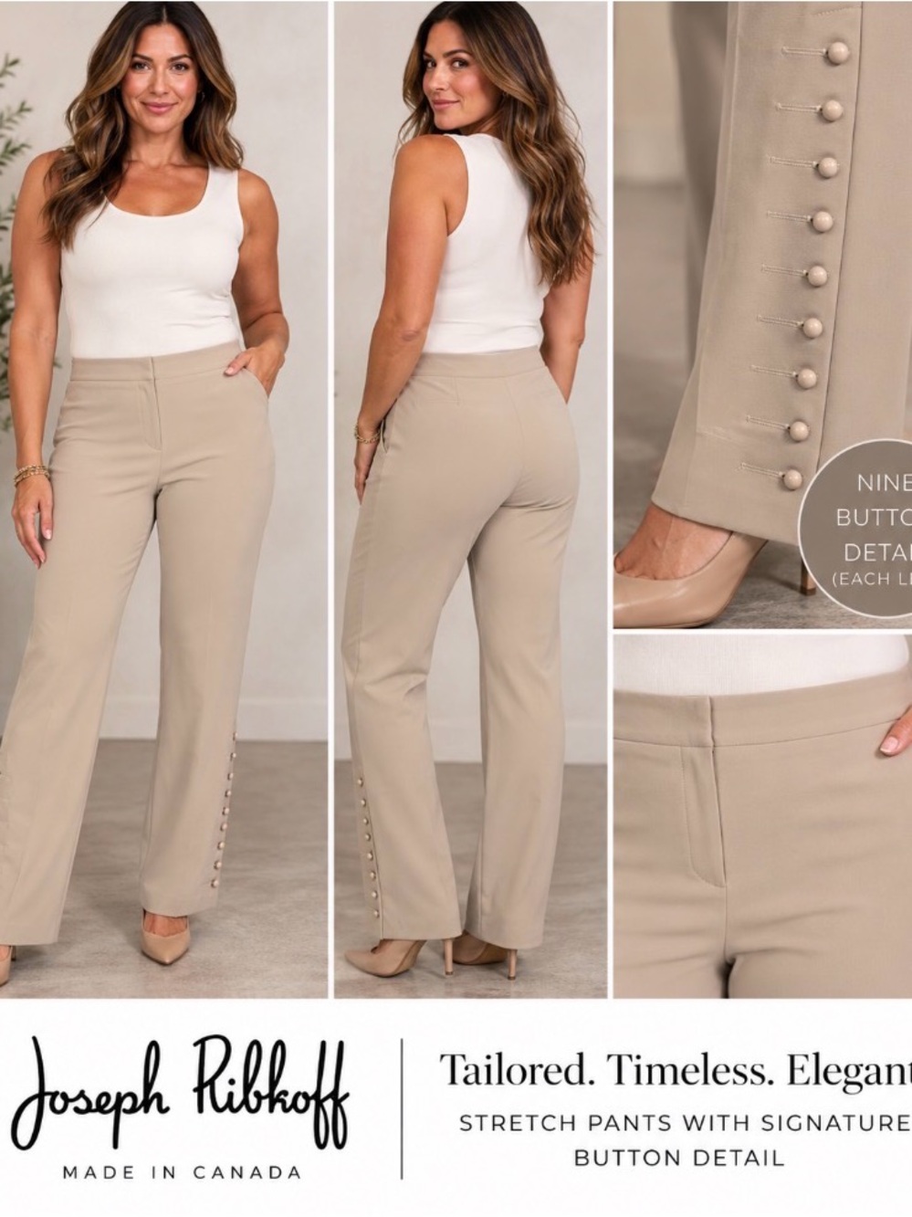 Joseph Ribkoff Beige Pearl Button Ankle Pants Size 10 Made in Canada